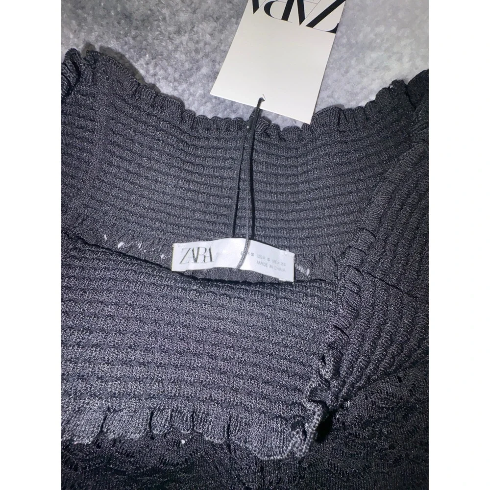 (B6) Zara Black Pointelle Lace Off the Shoulder Smocked‎ Knit Top Small NWT